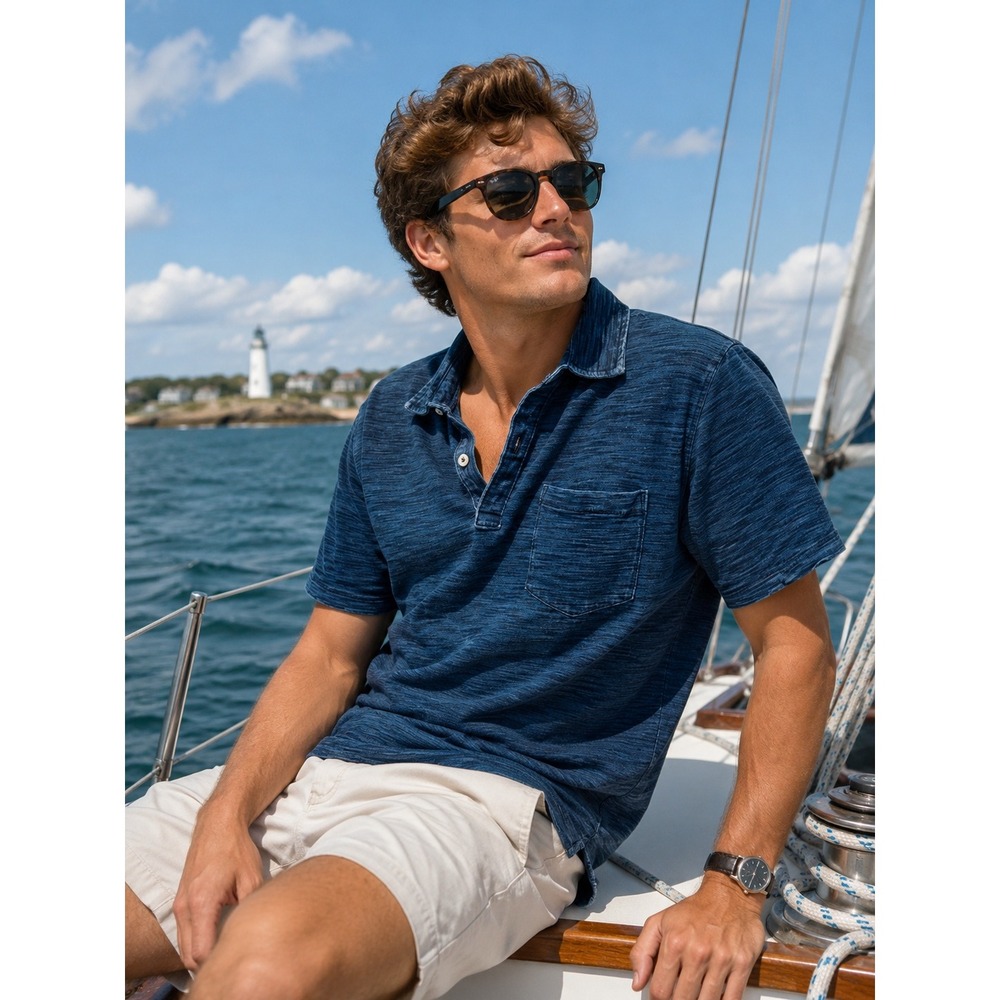 Boden Mens Polo Shirt Size XL Heather Blue Slub Knit Preppy Coastal Nautical